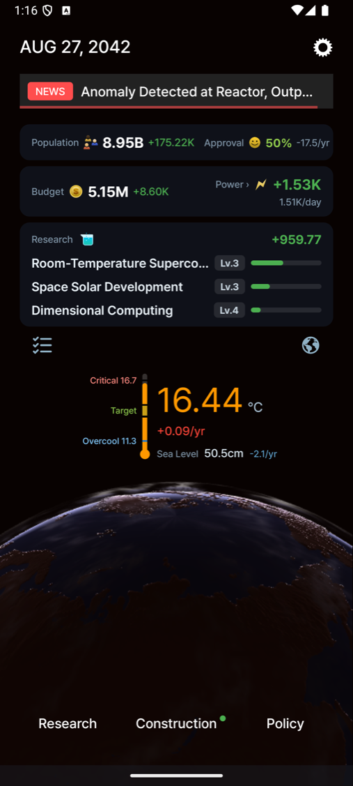 Planet dashboard — temperature, sea level and the research you have running